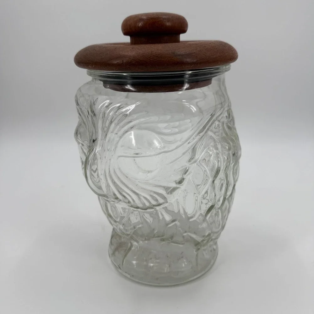 Vintage 70s Whimsical Glass Owl Kitchen Canister Storage Cookie Jar Teakwood Lid